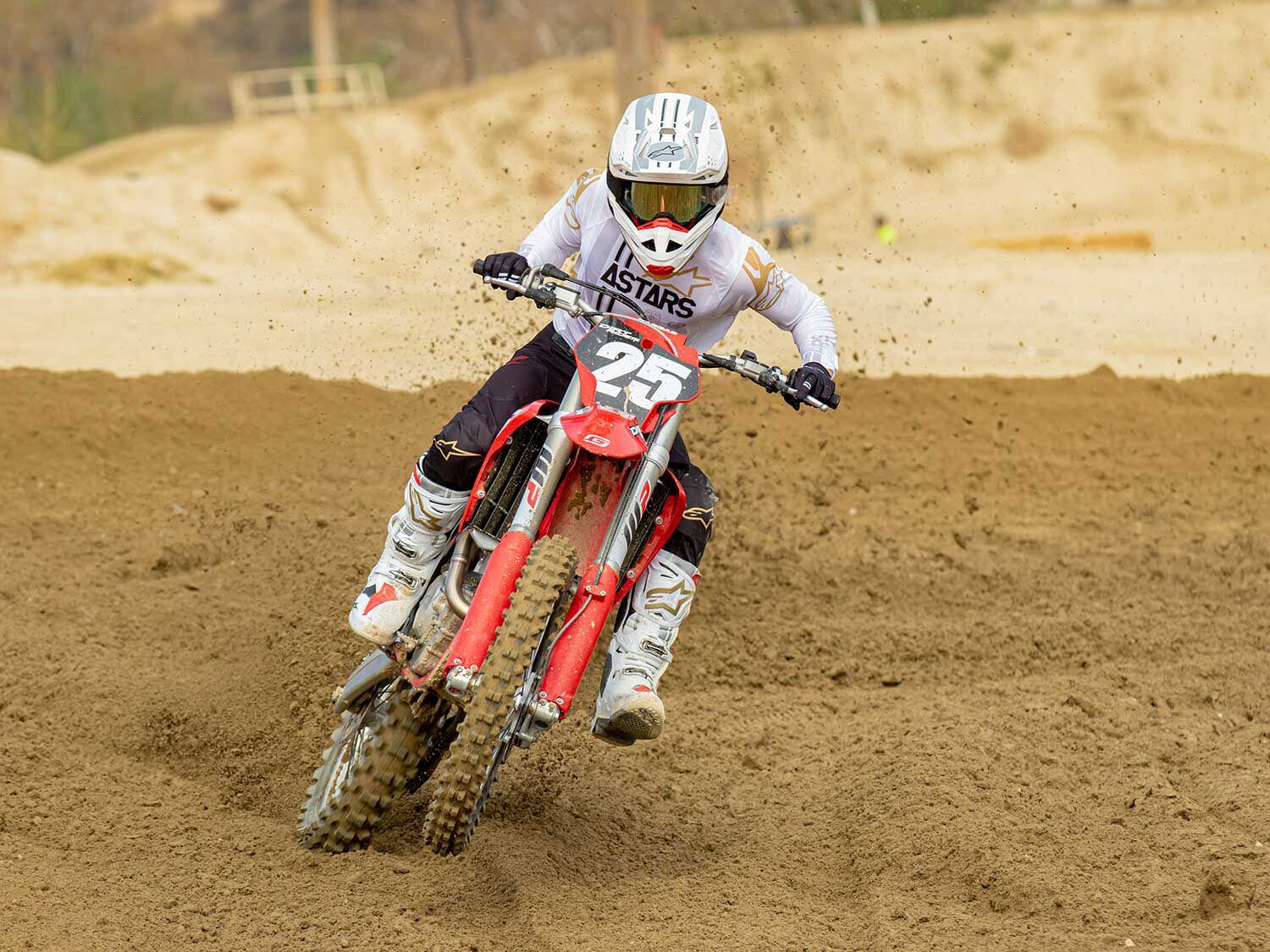 The MC 250F’s engine is comparable to the FC 250’s power, but is smoother. It could use a little more torque and it is easy to stall the bike when applying the rear brake.