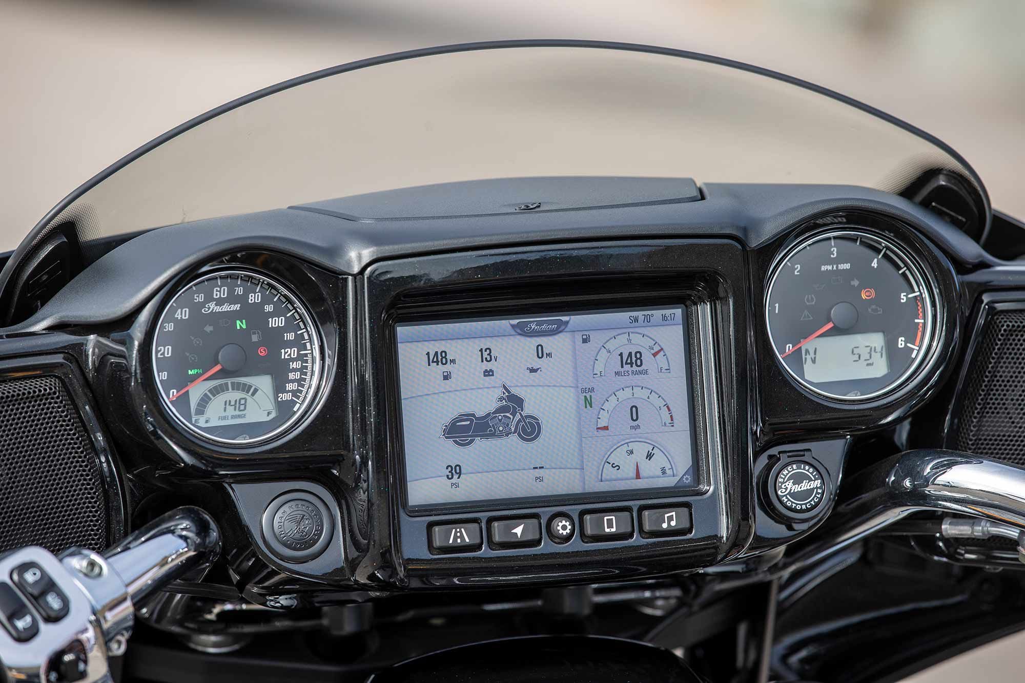 The Indian Chieftain’s infotainment system is easy to use and displays relevant information clearly, but shares a touchscreen and button layout with the Polaris Slingshot and side-by-side models which detracts from Indian’s separate brand identity.