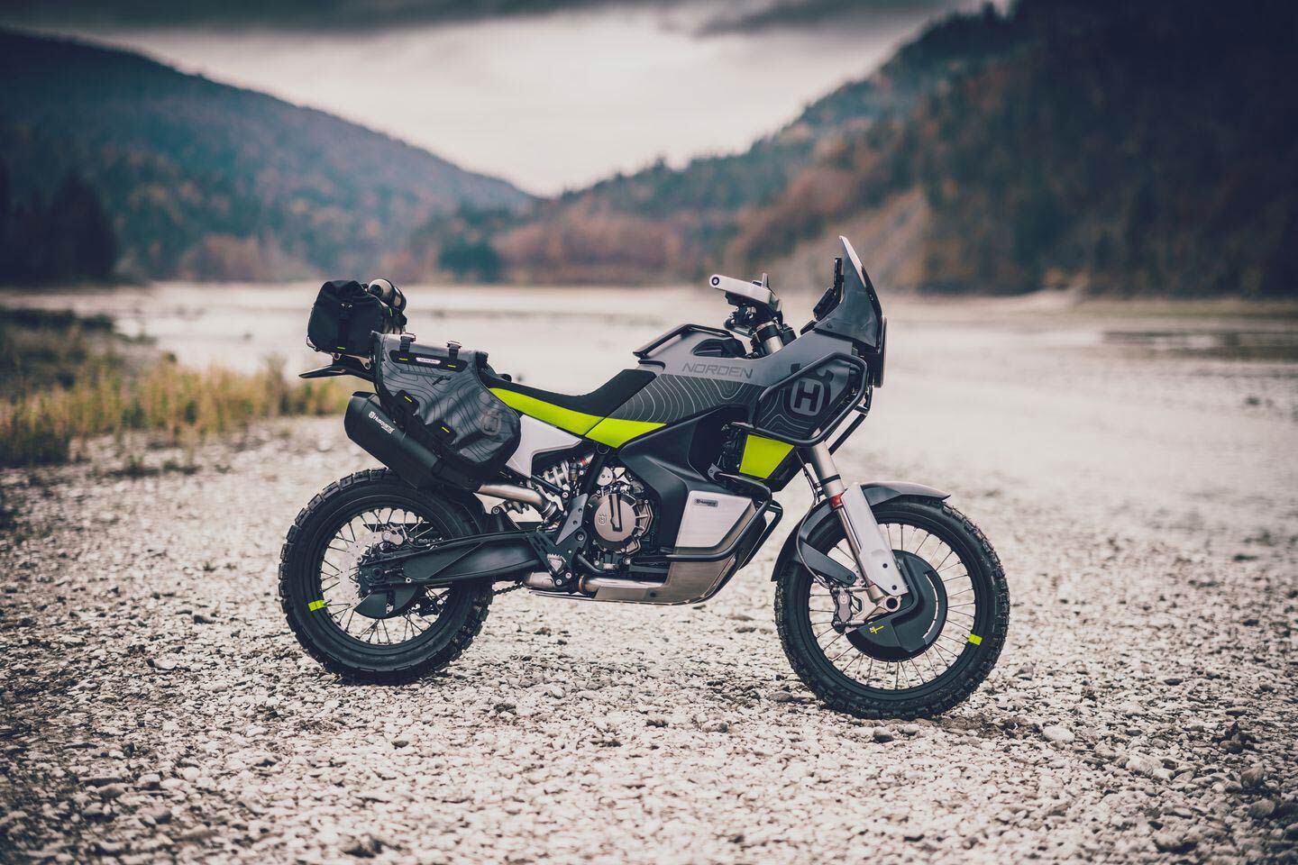 The 2019 concept Norden from the EICMA event. Husky says Touratech luggage, Akrapovič exhaust systems, model-specific shields, and other accessories are now available for the production bike.
