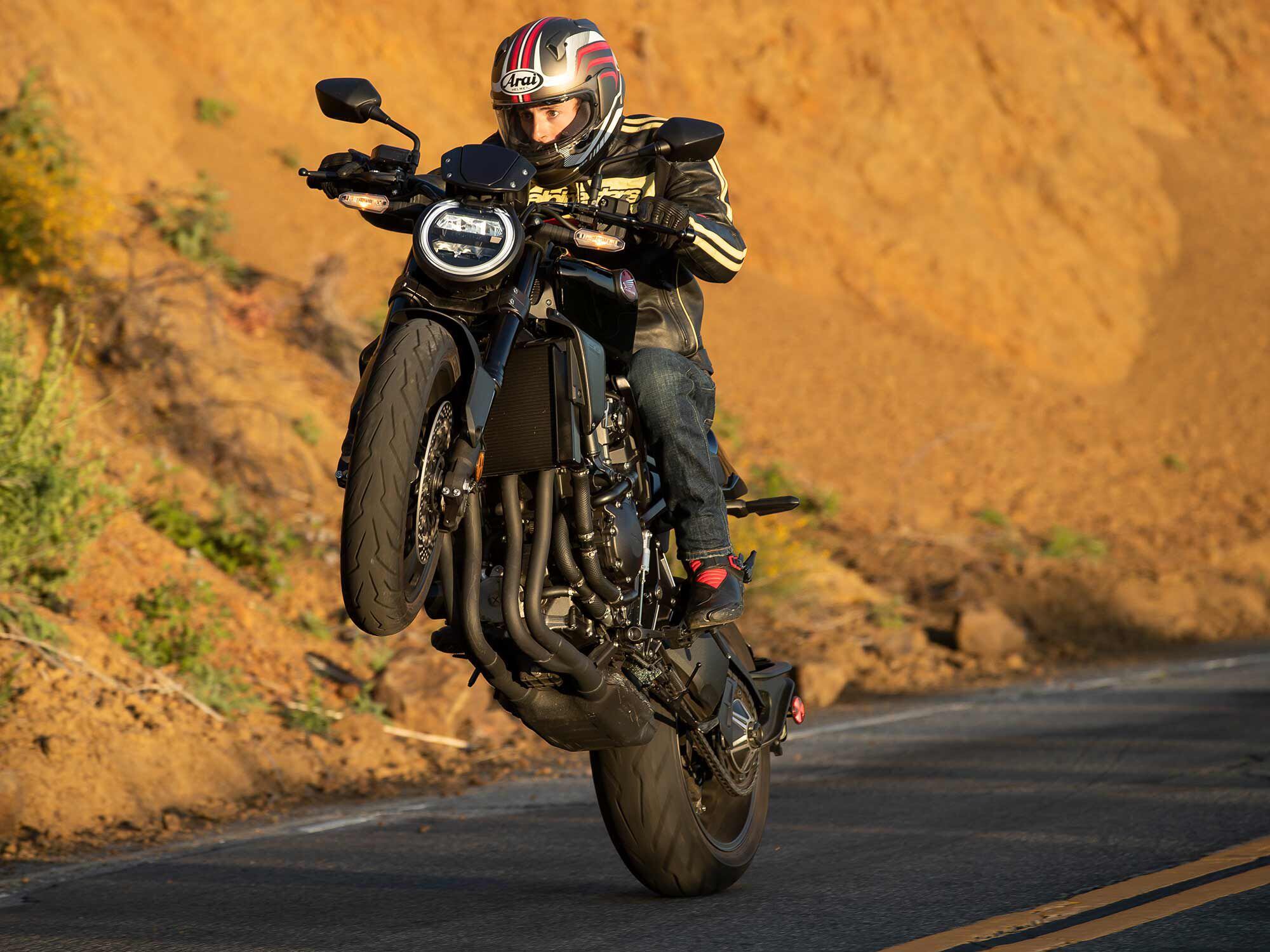 It may be powered by a retuned past-generation superbike engine, but there’s still plenty of punch in the CB1000R Black Edition.
