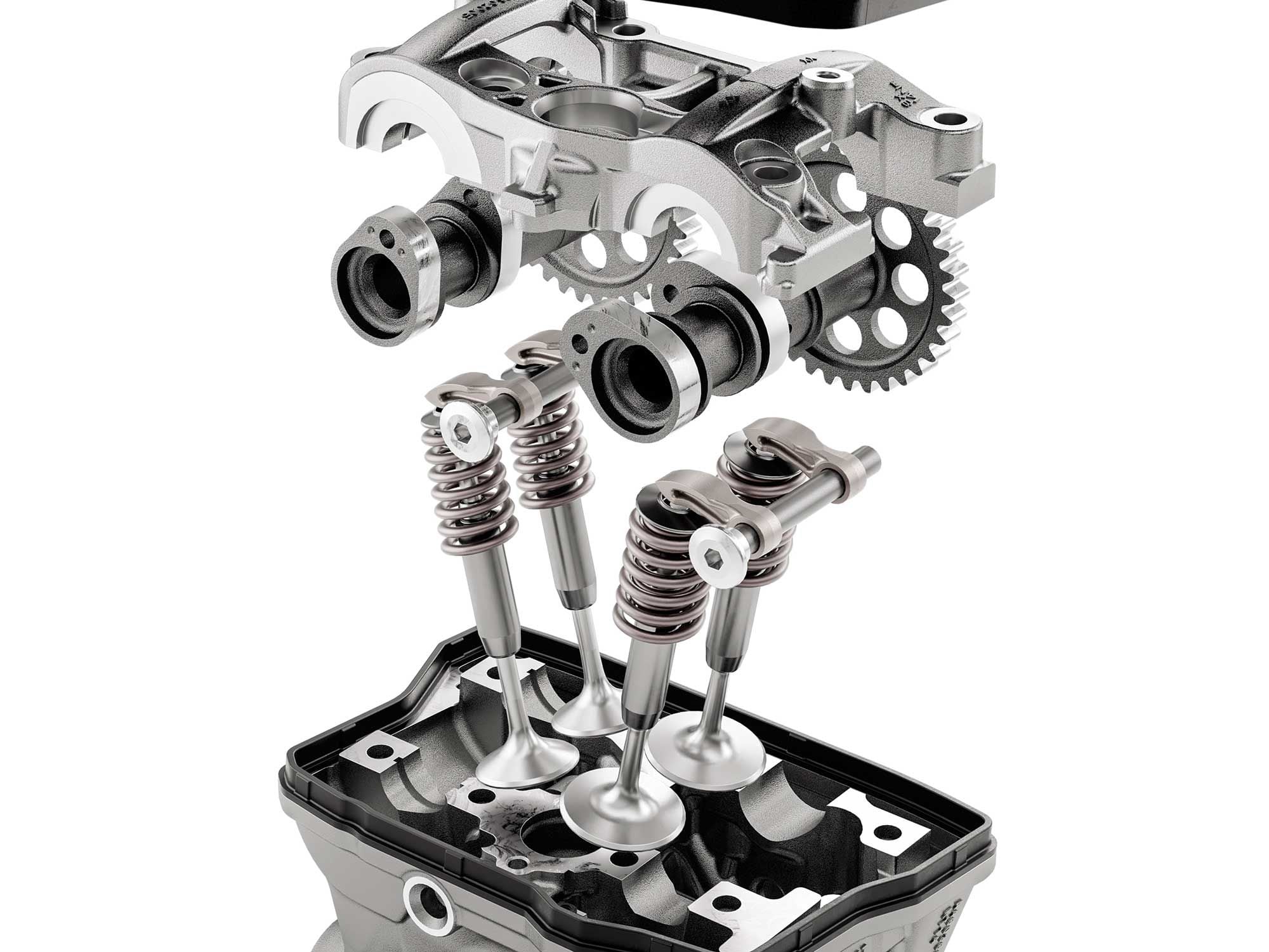 A modern four-stroke single valve train laid out about the head in which it sits.