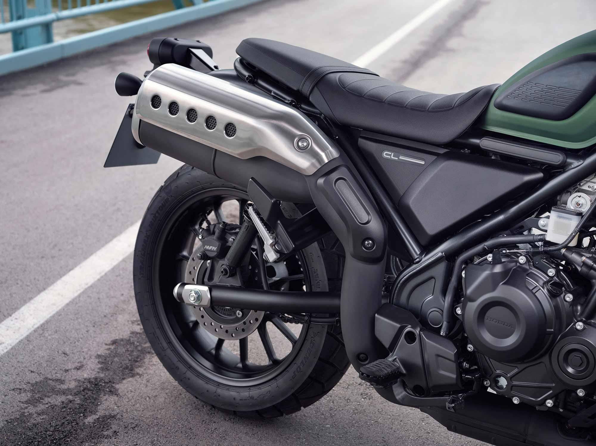 A single high exhaust silencer is up and out of harm’s way.