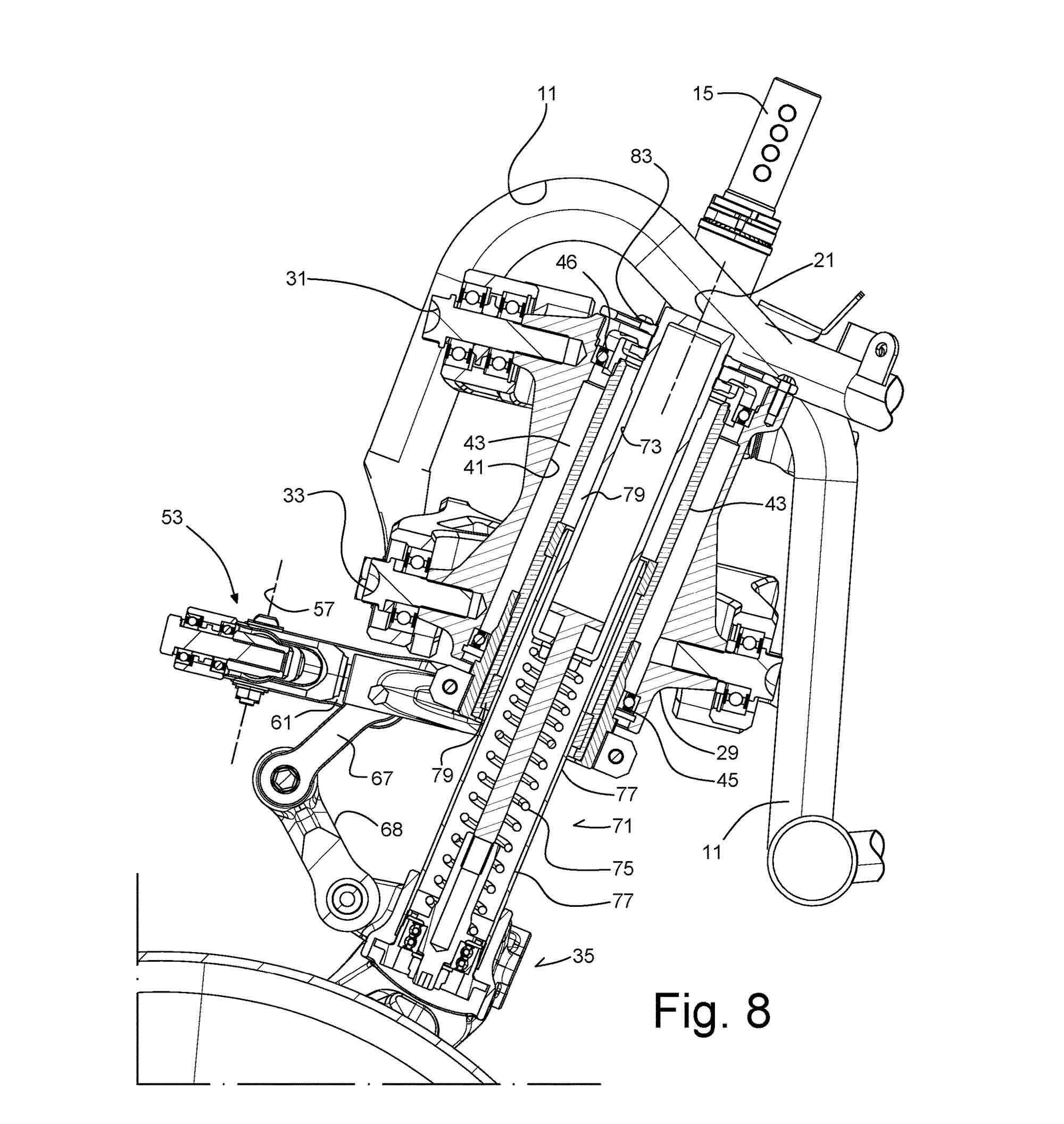 Aprilia has patented two versions of that front suspension, one with a scissor-style linkage and one with just a single link.