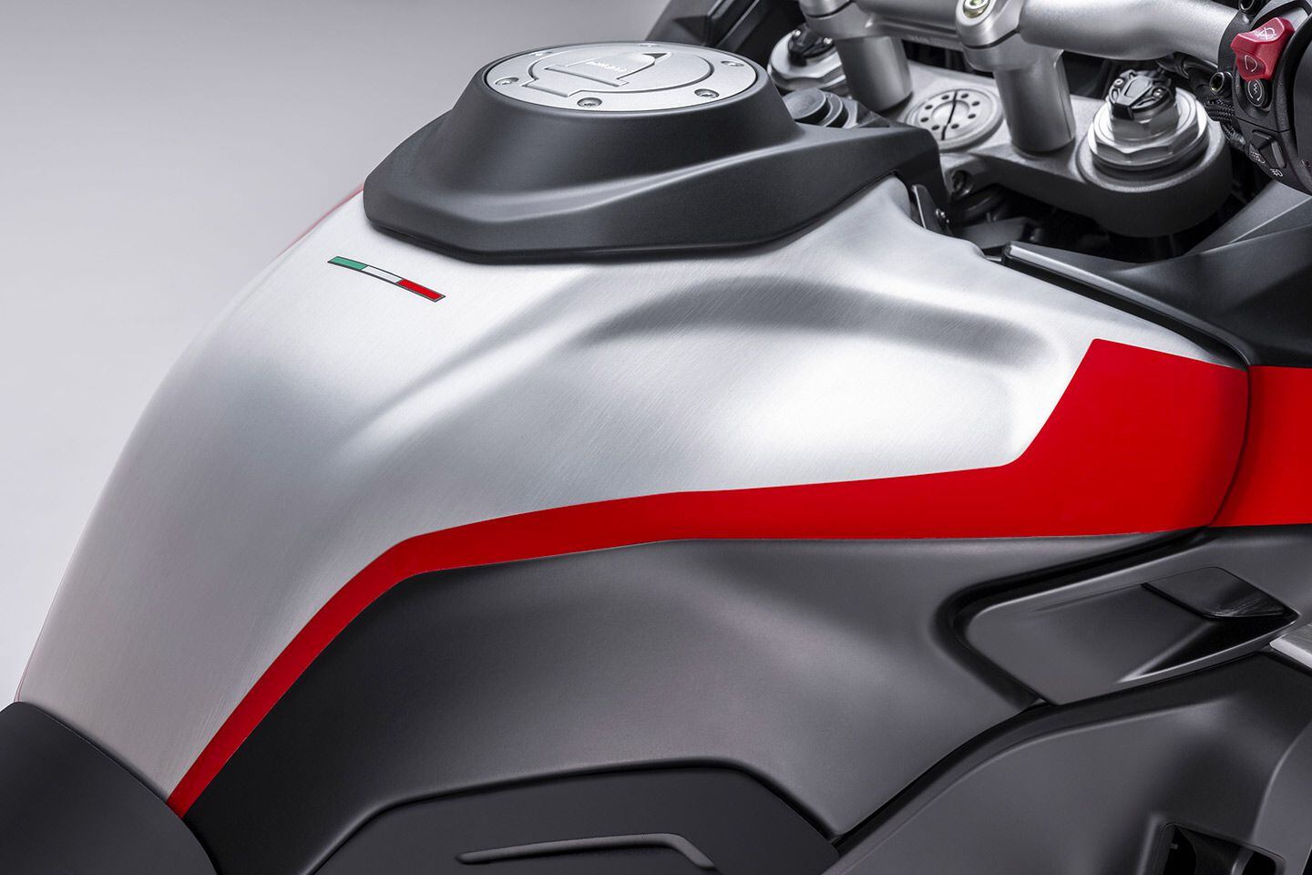 More fuel for more miles: Ducati has added 2.1 gallons to the Multistrada V4 Rally’s tank for a total of 7.9.