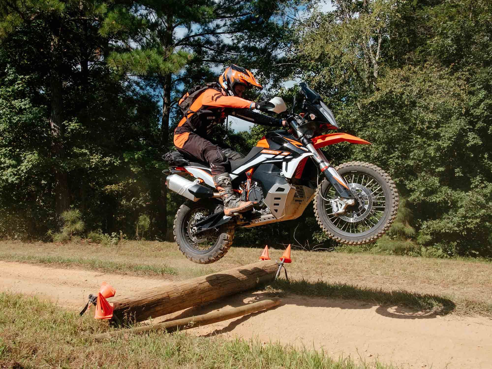 Chris Birch demonstrating the proper way to jump logs aboard an adventure motorcycle during the Say No To Slow school held at Highland Park, Georgia, in late August.
