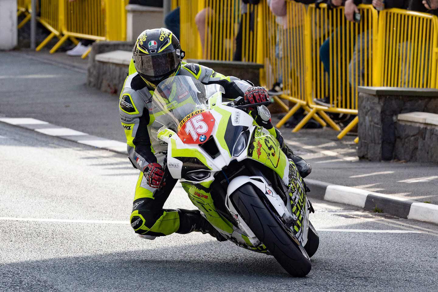 Sam West on his BMW S 1000 RR Superstock. Later in the evening West came off his bike but suffered only minor injuries. His bike, however, burst into flames. West will be back riding American Chris Sarbora’s superbike.