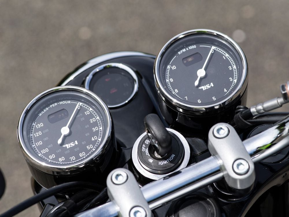 Counterclockwise gauges throw back to the original Smiths units on the original BSA Gold Stars.