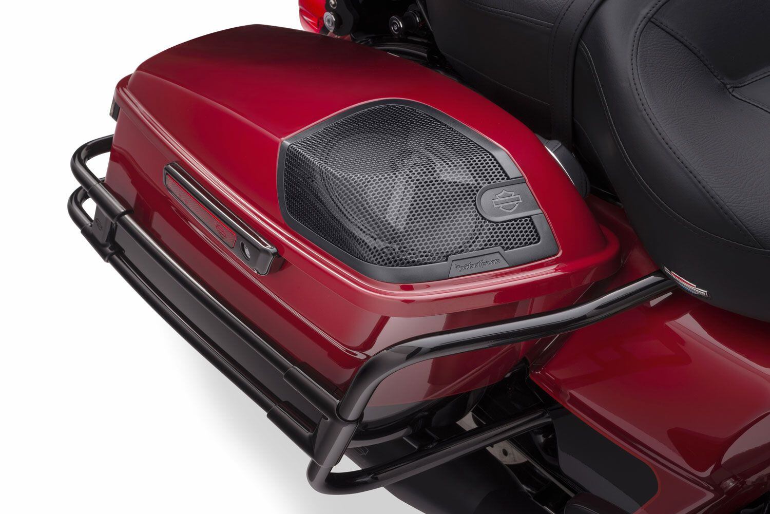 The Rockford Fosgate Stage II three-way speakers fit in the saddlebag and the fairing, with the compact amplifier also set in the saddlebag.