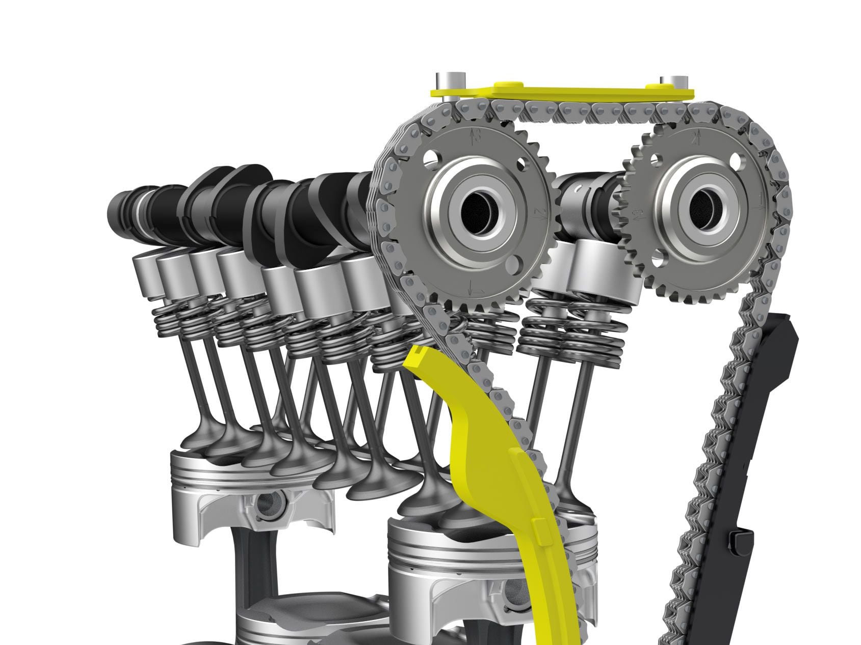 Dual overhead camshafts and four valves per cylinder: a dominant design in modern motorcycles.