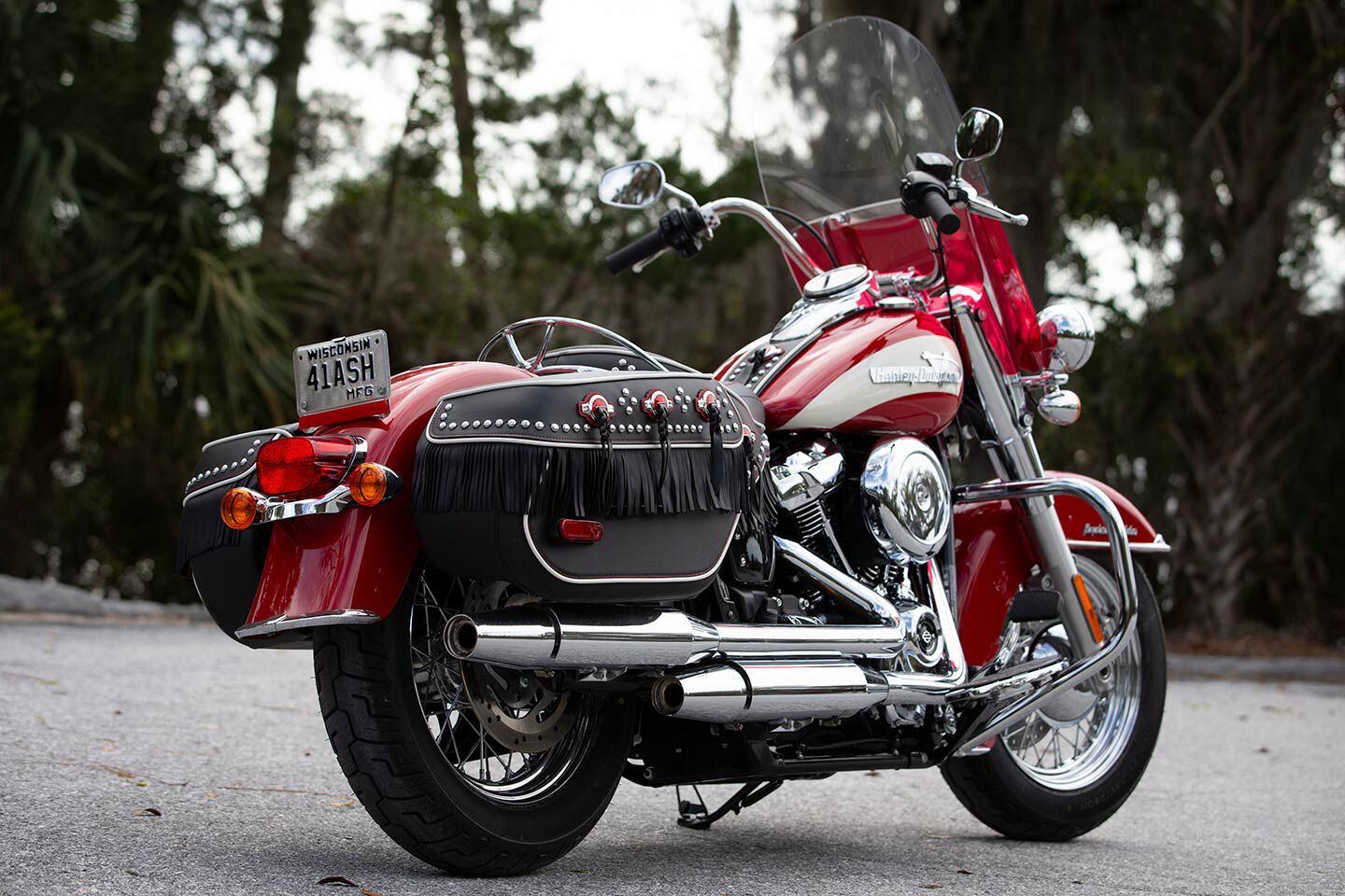 The rigid locking weather-resistant saddlebags are based on the Heritage Classic units and feature the same capacity but are covered in conchos, studs, and fringe. Fun fact: Back in the day, fringe was used to channel water away from objects, not just as styling elements.