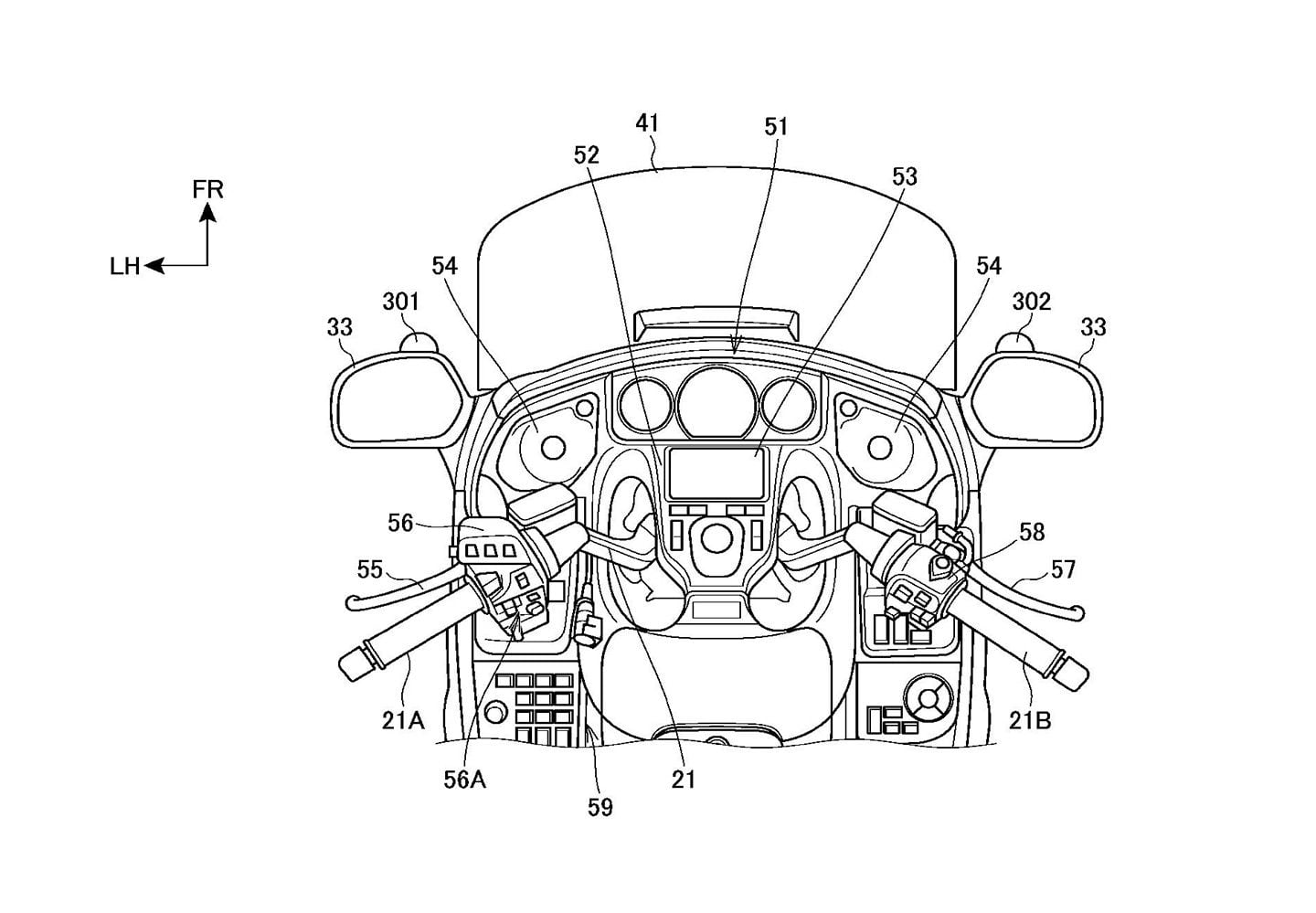 A view of the cockpit shows the mirror-mounted cameras (301 and 302) that would determine the height of the rider’s eyes to determine an nonintrusive shield level.