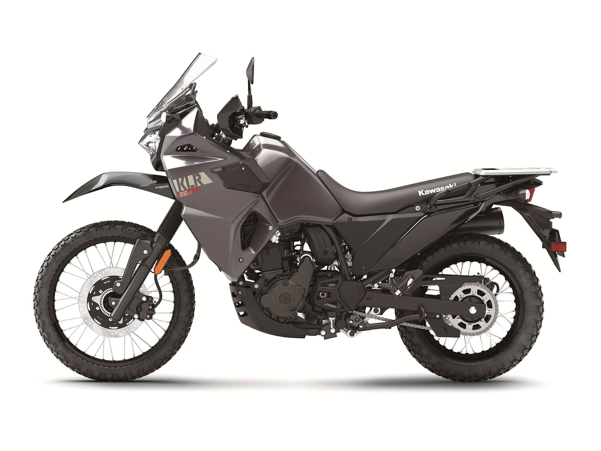 The new KLR650 S is available in two colors (Storm Gray shown here) as well as with- or without ABS.
