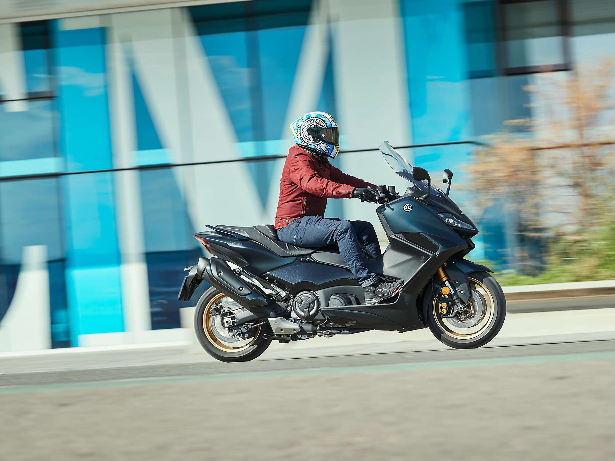 This is how you will see most TMAX maxi-scooters during the week: Dutifully filling its role as a comfortable and spacious commuter.