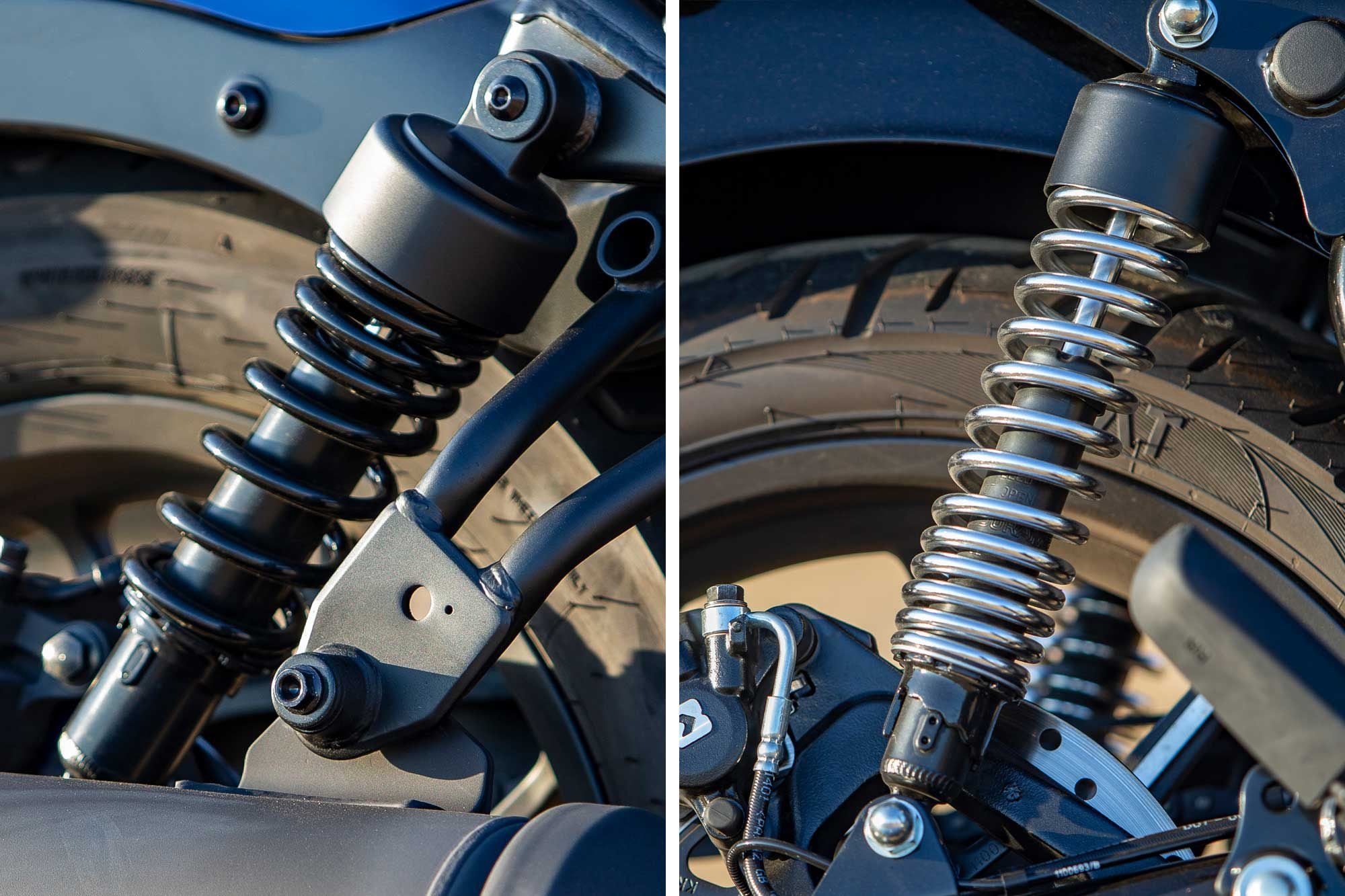 Shocks on the Rebel 300 (left) and Meteor 350 (right).