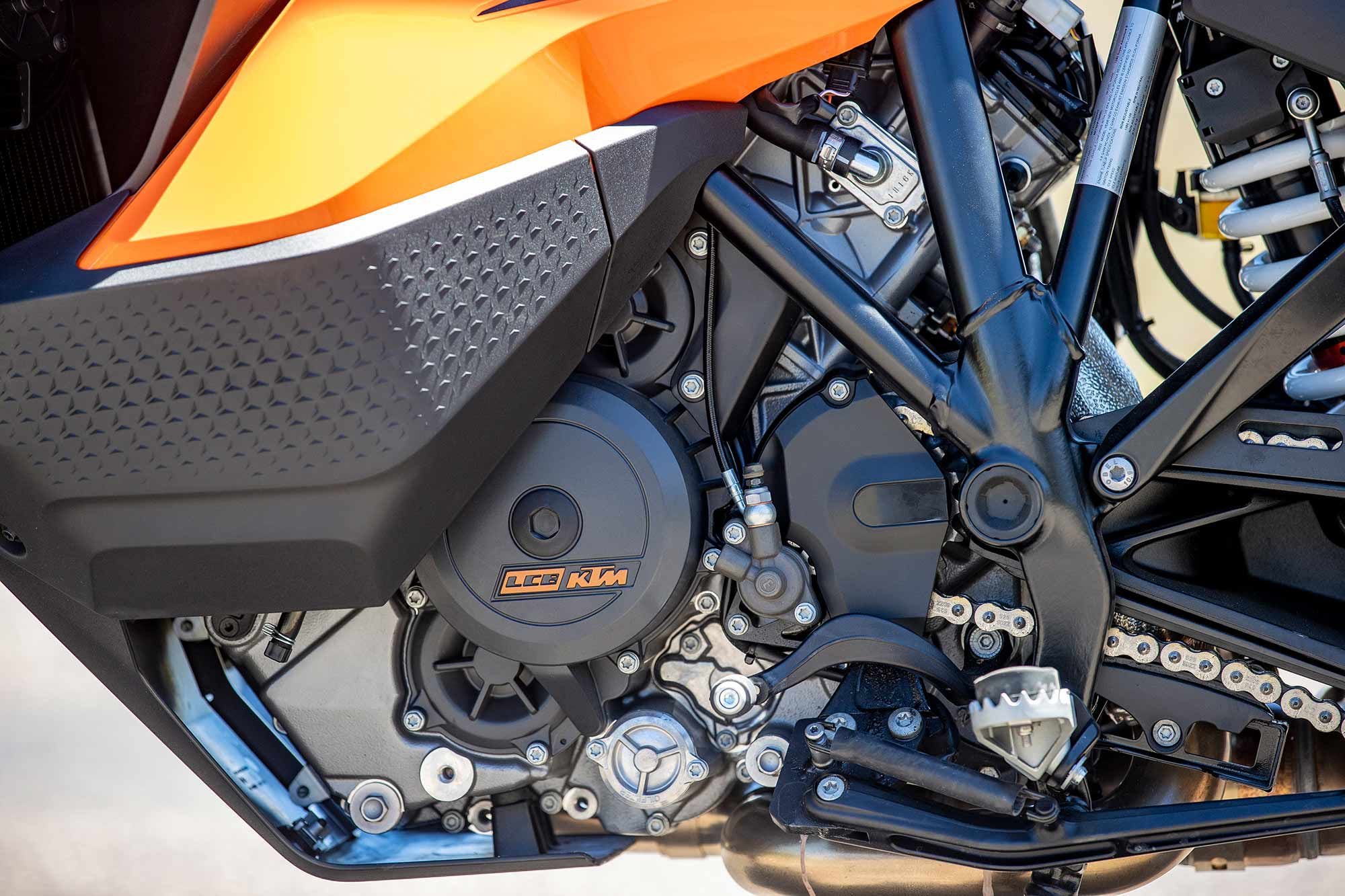Although it’s partially hidden by the new twin fuel tanks that straddle it, KTM’s LC8 engine continues to evolve and impress.