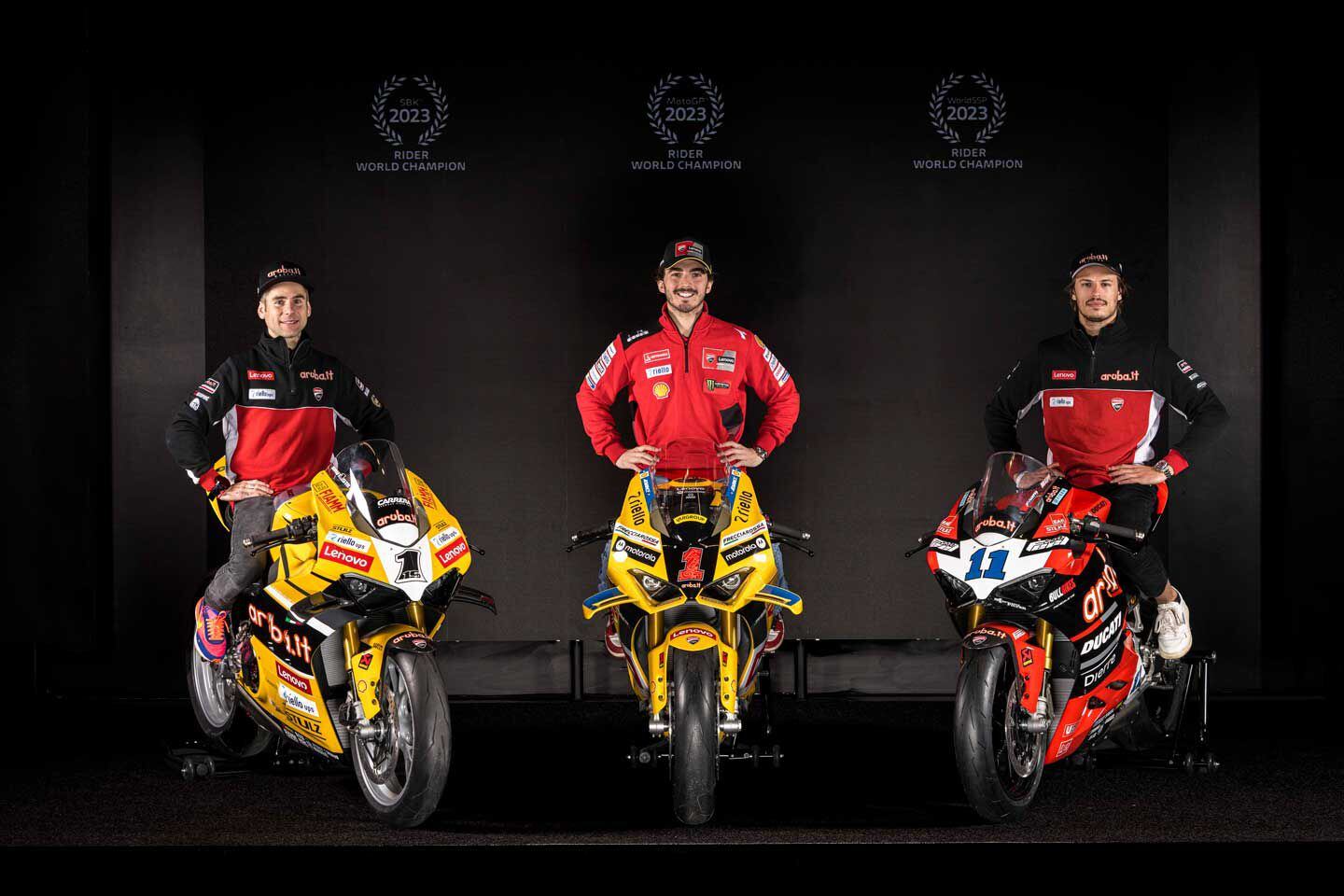 Ducati’s 2023 champions (left to right): Álvaro Bautista, the World Superbike champion, Francesco Bagnaia, the MotoGP champion, and Nicolò Bulega, the World Supersport champion.