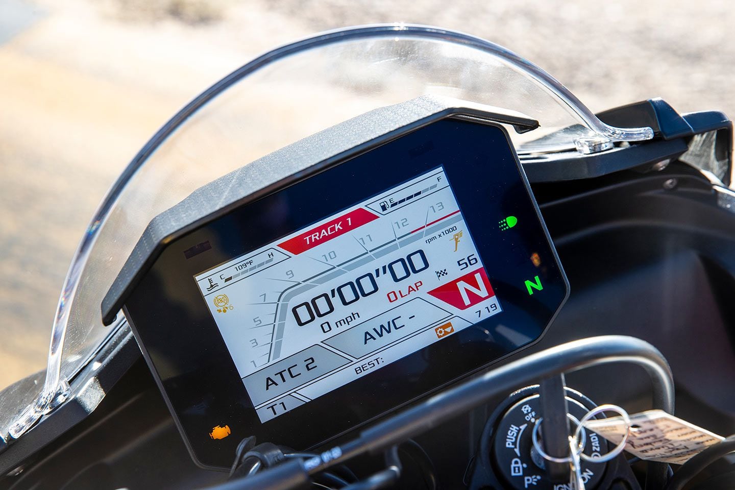 The Aprilia’s suite of rider aids and settings are organized into two categories for road and track, which alters what is displayed and also what you can customize. We really like this strategy.