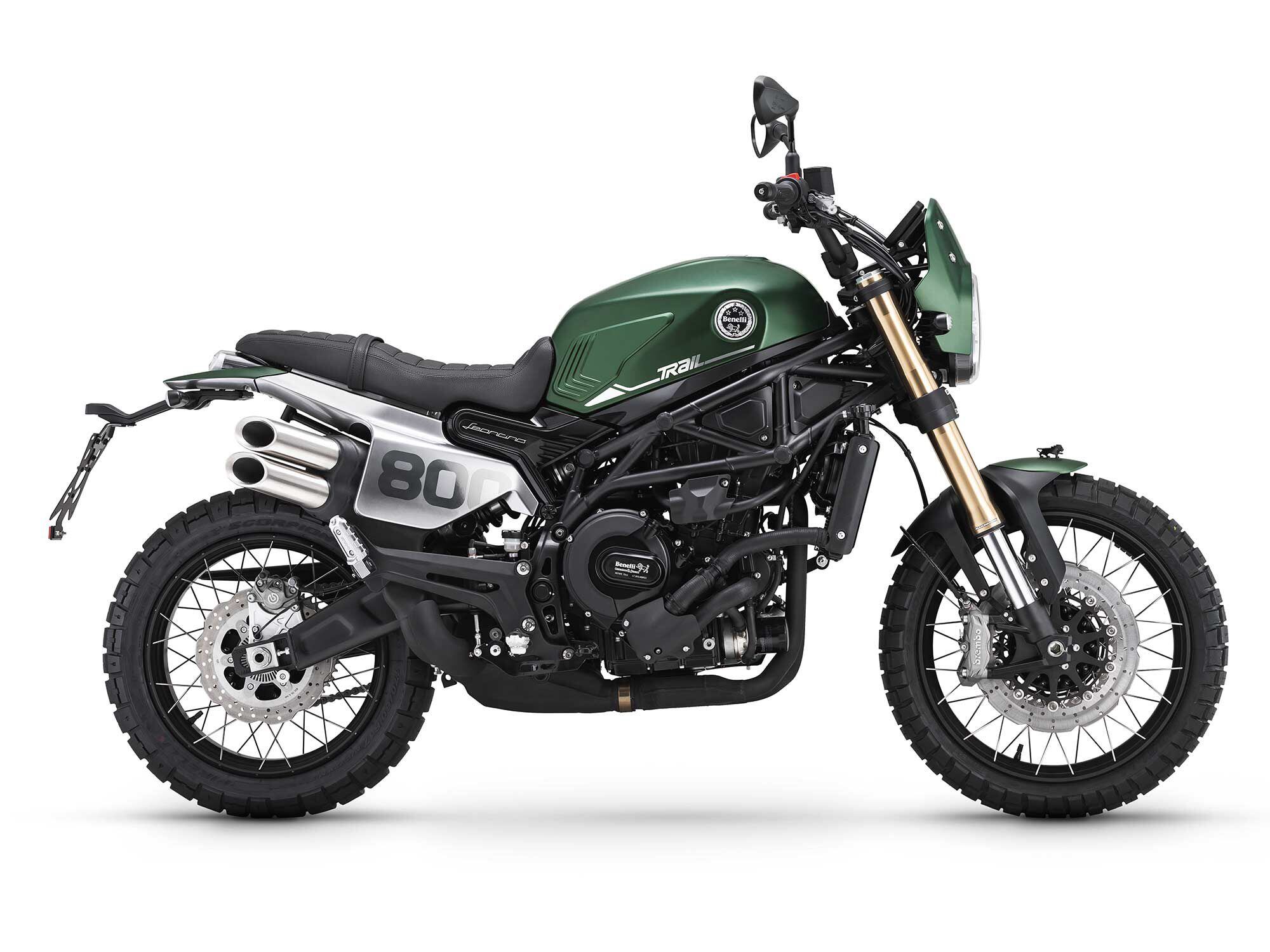 The Leoncino Trail is a scrambler version of the TRK 800, with high pipes and more aggressive tires. Check out the ornament on the front fender!