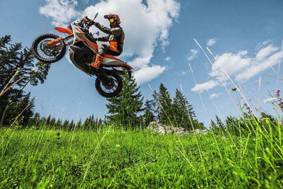 The 2023 KTM 890 Adventure R arrives with 10.4 inches of ground clearance, which is needed for riding like this.