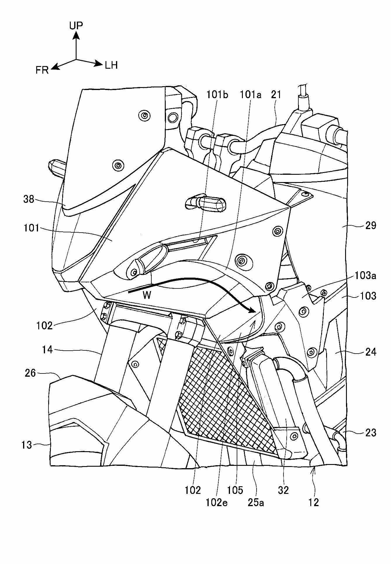 A detailed view of the front fairing that also indicates how airflow is directed into the radiator and airbox.