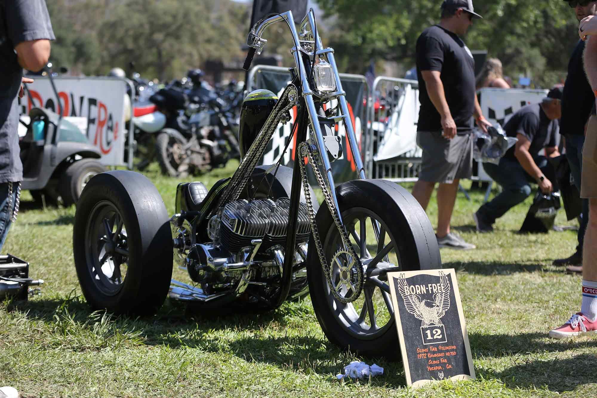 Being the wildest bike at Born-Free is no small task, but Slim’s three-wheel-drive two-stroke trike might take the cake.
