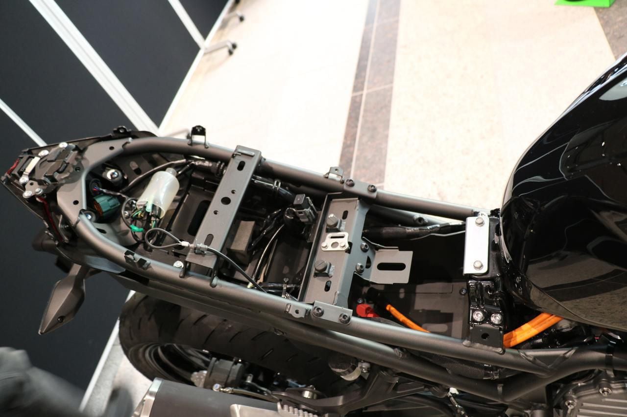 A smallish hybrid battery pack situated under the seat can be recharged using regenerative systems according to Kawasaki.