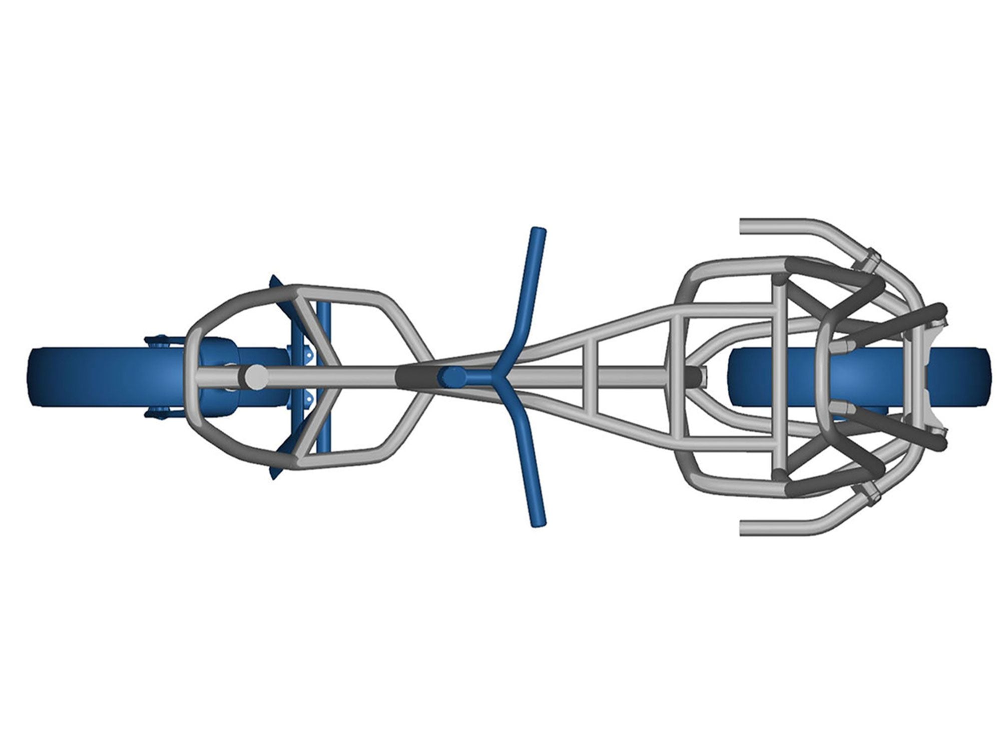 The secondary steering tube connects to the bottom of the frame, creating a stout front section ahead of the rider to absorb impacts.