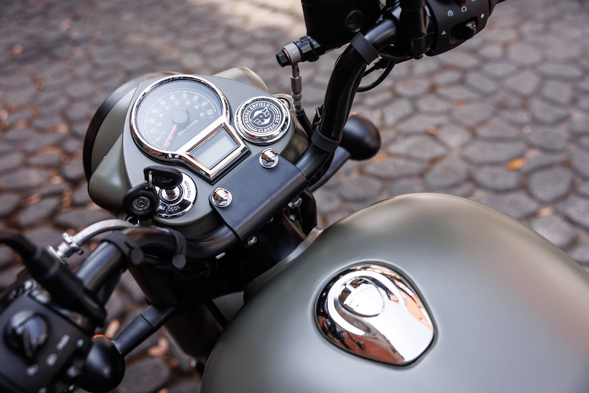 Despite being the Classic 350, Royal Enfield mixed premium fit and finish throughout, including the analog tachometer and LCD display.