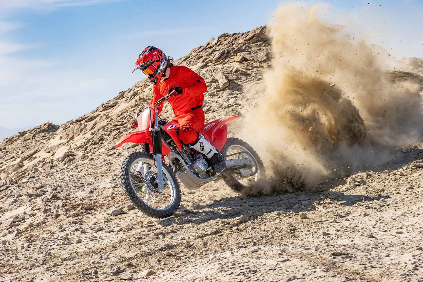 The Honda CRF250F offers great handling and superb front-end grip, perfect for throwing roost.