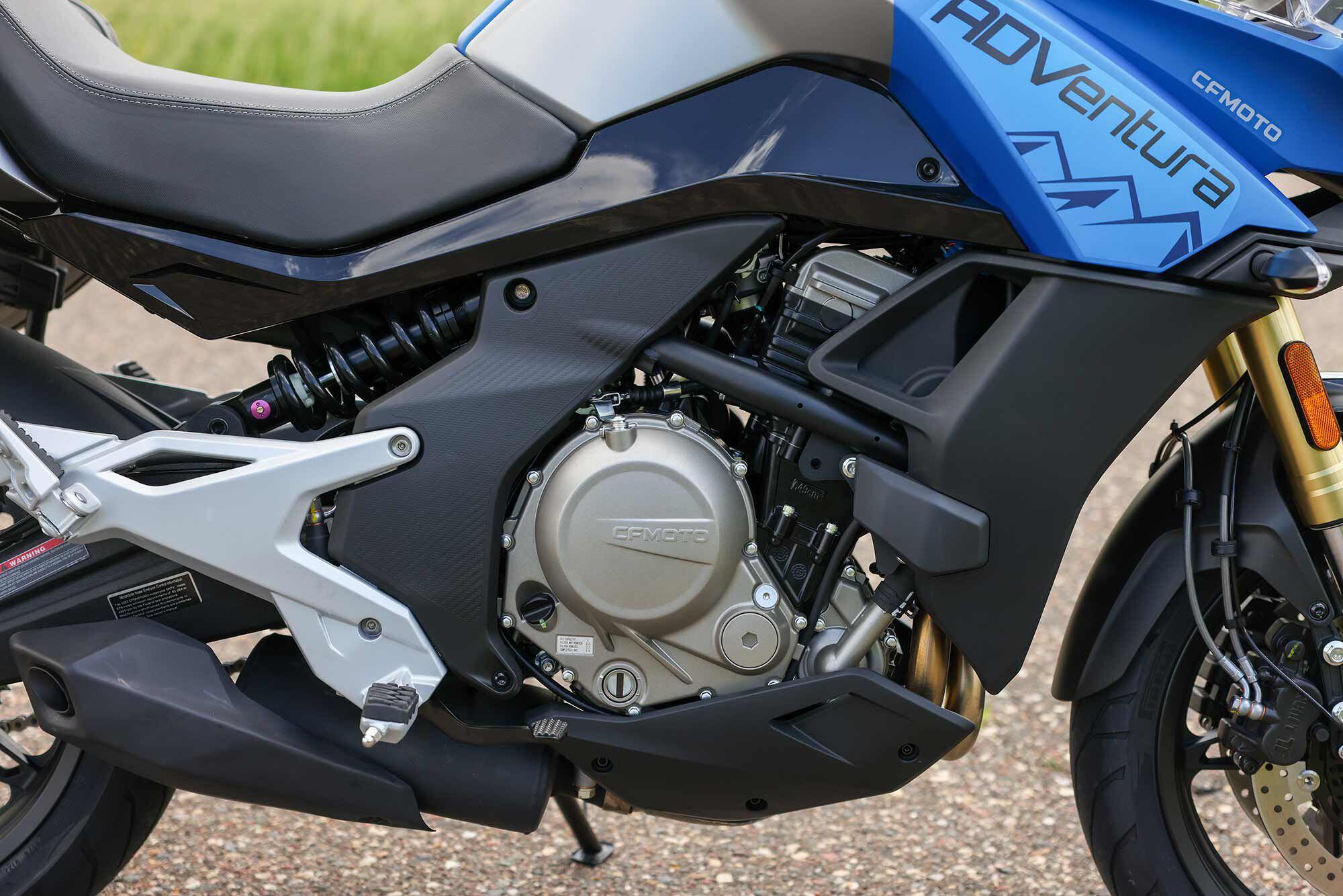 CFMoto’s 649cc DOHC counterbalanced parallel-twin engine is outfitted with Bosch EFI. The powerplant produces a claimed 60.3 hp at 8,750 rpm, and 41.3 lb.-ft. of torque at 7,000 rpm.