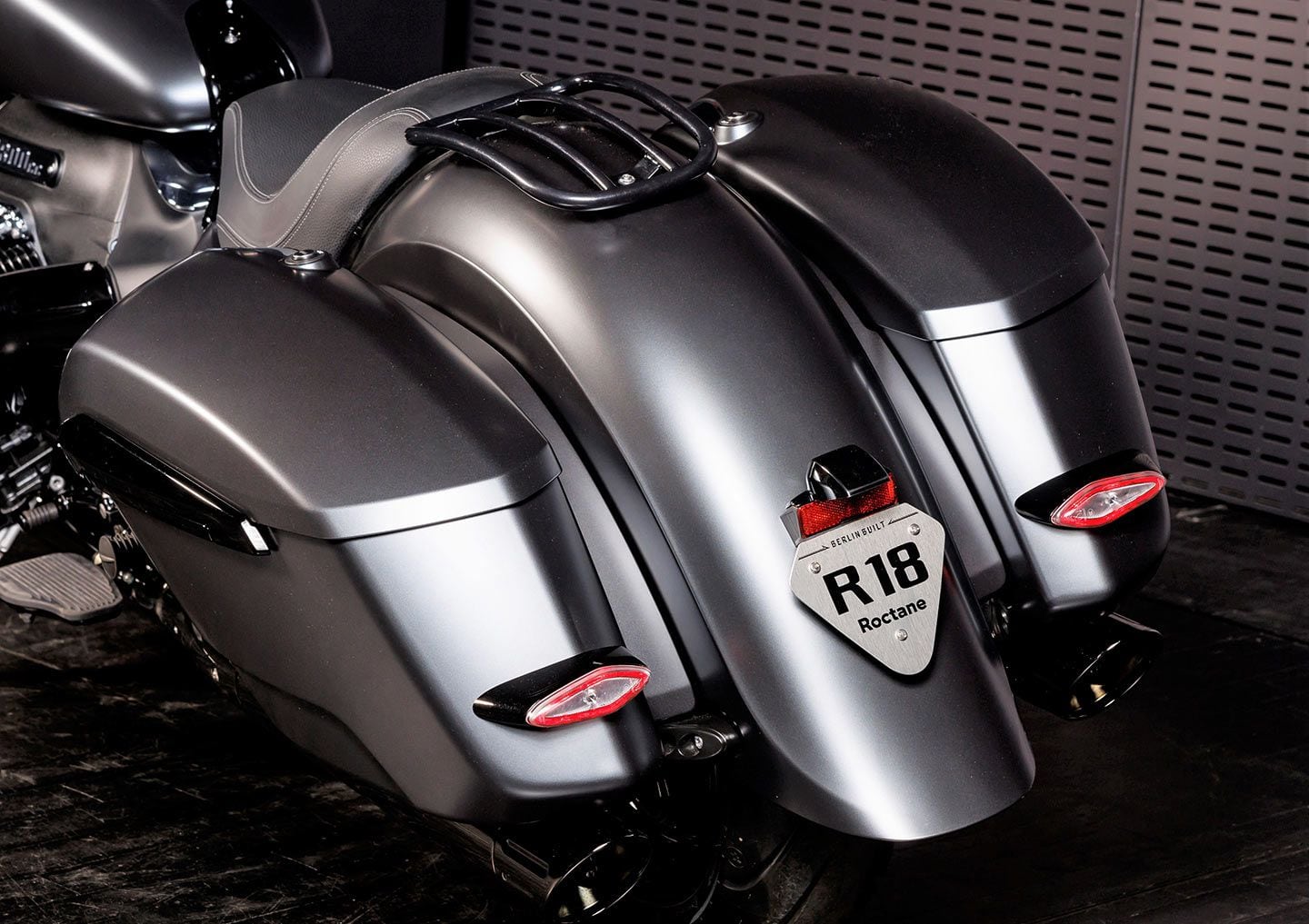 Integrated saddlebags are painted the same color as the bike body and come with integrated taillights. Cargo capacity for each bag is 27 liters.