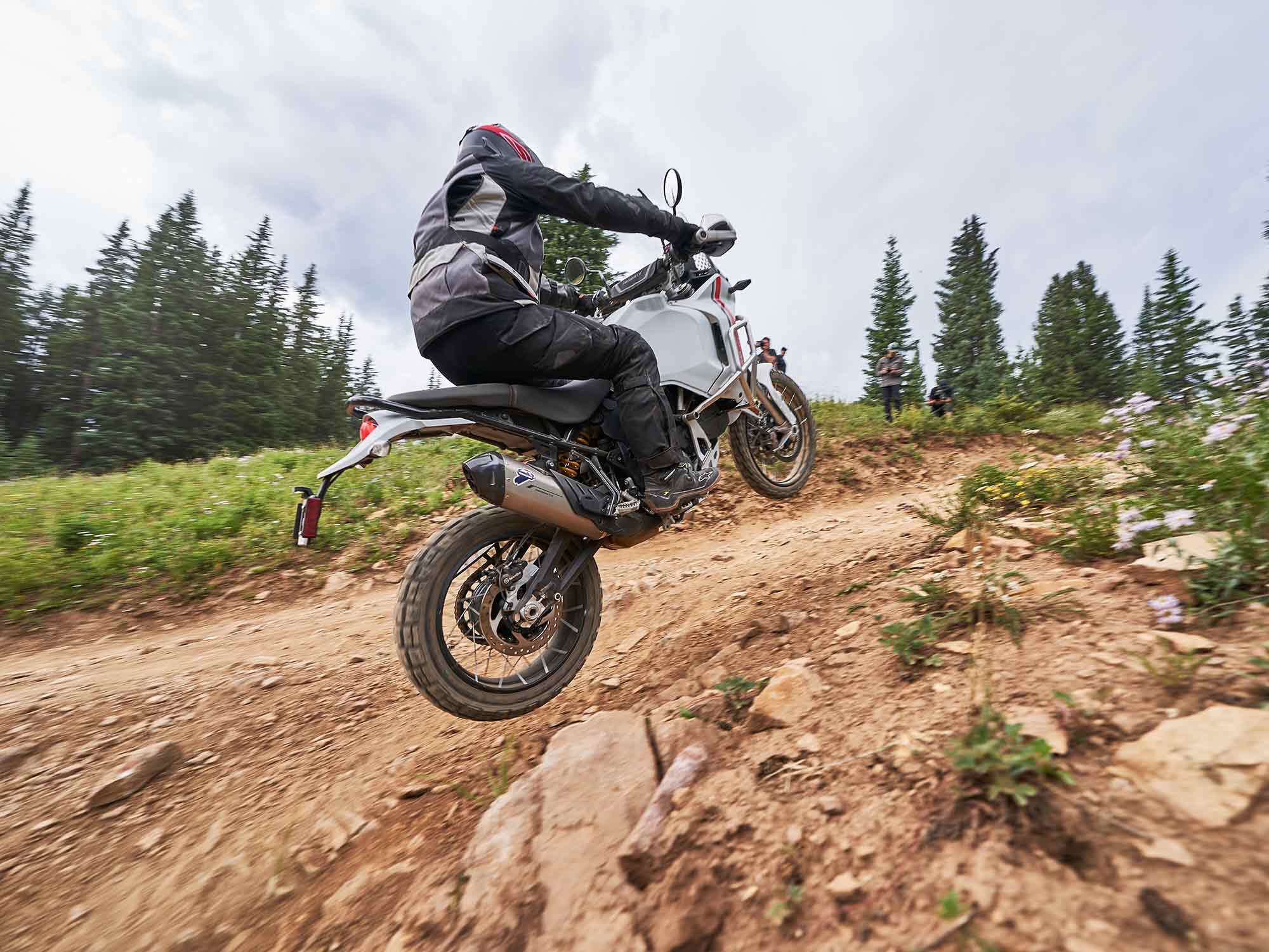 Rocky, ledge-topped climbs were no problem with the DesertX’s excellent suspension and chassis.