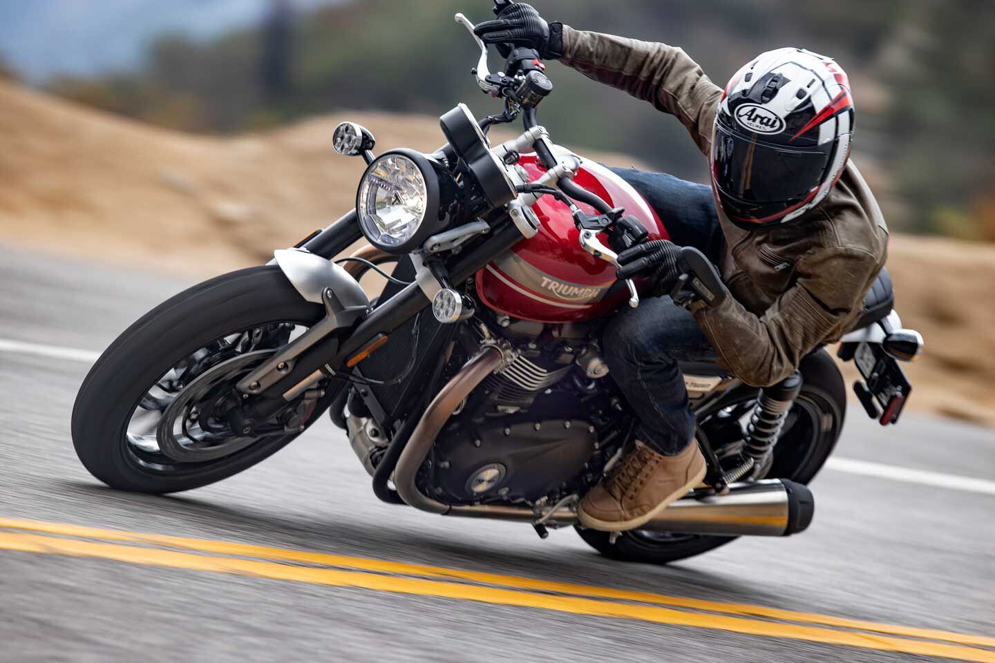 Triumph’s Speed Twin delivers sporting handling in an understated and clean classic motorcycle shape.