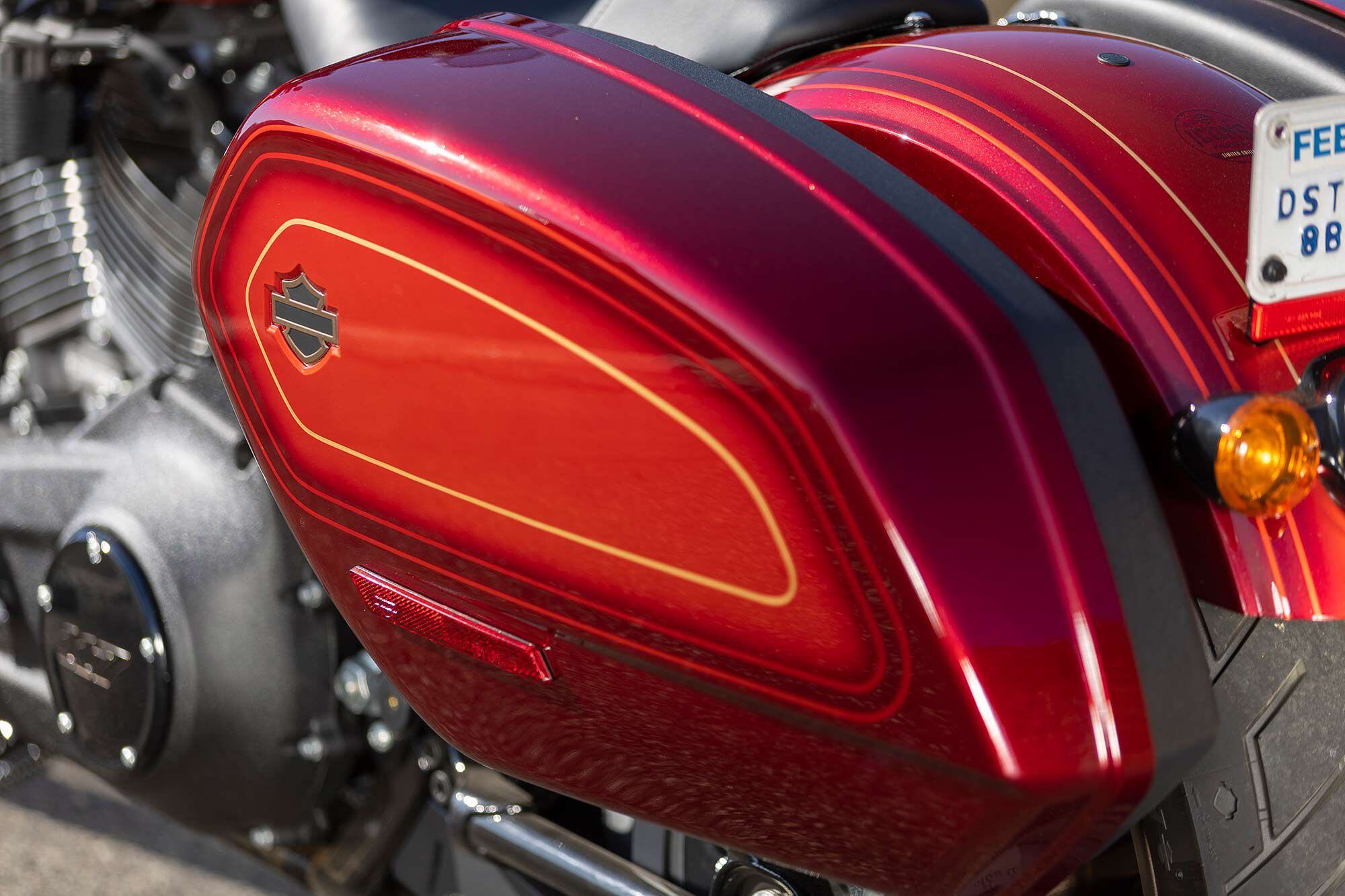 The clamshell saddlebags used on ST models are shared with the Softail Sport Glide, but mounted as high as possible for an aggressive look.