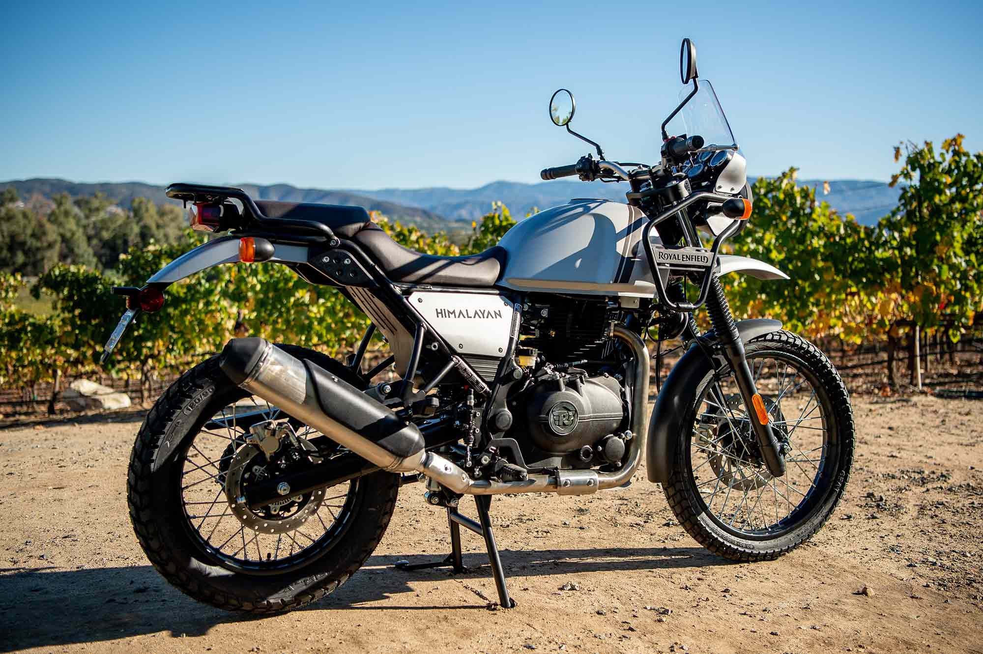 The Himalayan looks the part of adventure with a rally styled front end, contoured seat, high pipe, and front and rear racks.
