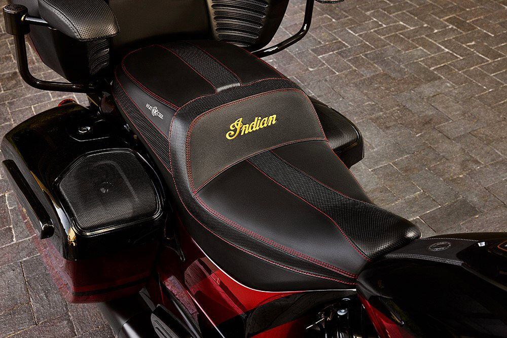 The Roadmaster Elite’s touring saddle features color-matched stitching as well as heating and cooling functions for year-round comfort. Armrests come standard.
