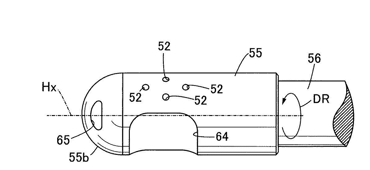At combustion, jets of burning mixture are directed through holes from the prechamber into the main combustion chamber.
