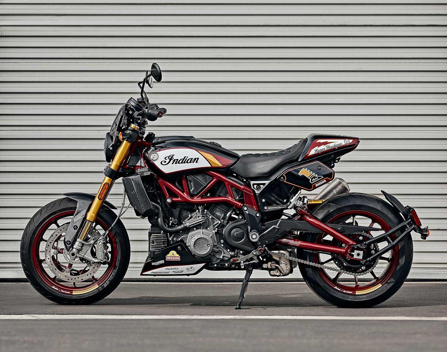 An Indian Red frame and special Black Metallic bodywork plastered with the No. 1 plate, and race sponsor and Roland Sand logos tell you this is the FTR x RSD model.