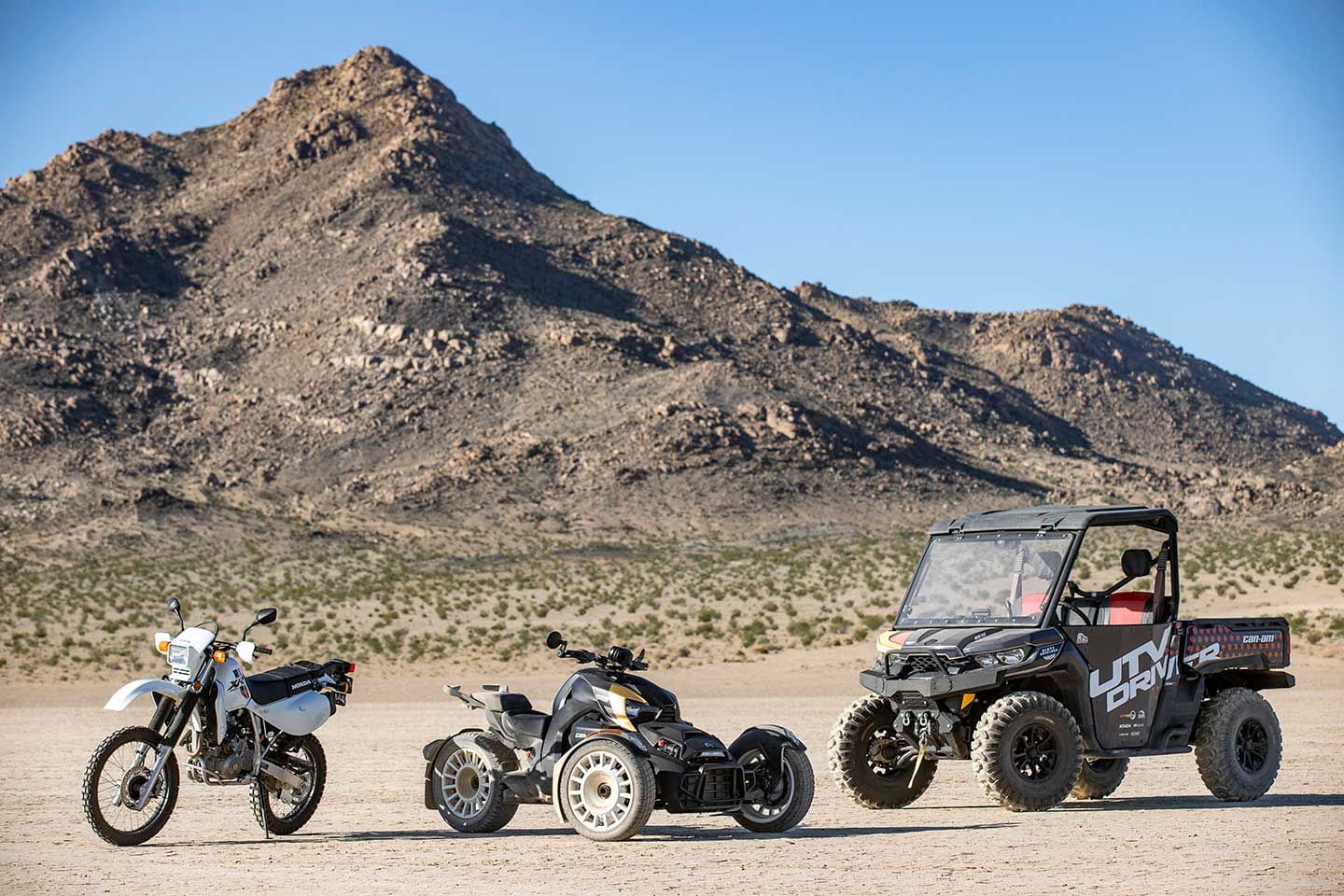 The contestants: 2023 Honda XR650L, 2023 Can-Am Ryker Rally, 2016 Can-Am Defender XT HD10 (aka the Dirty Defender).