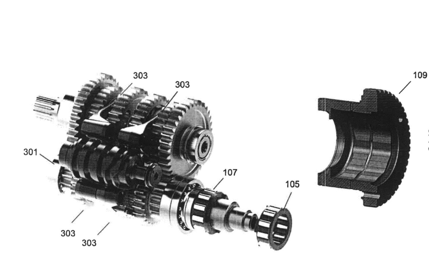 Ducati’s system uses a single clutch on an input hub that acts on two lockable bearings, one on each shaft.