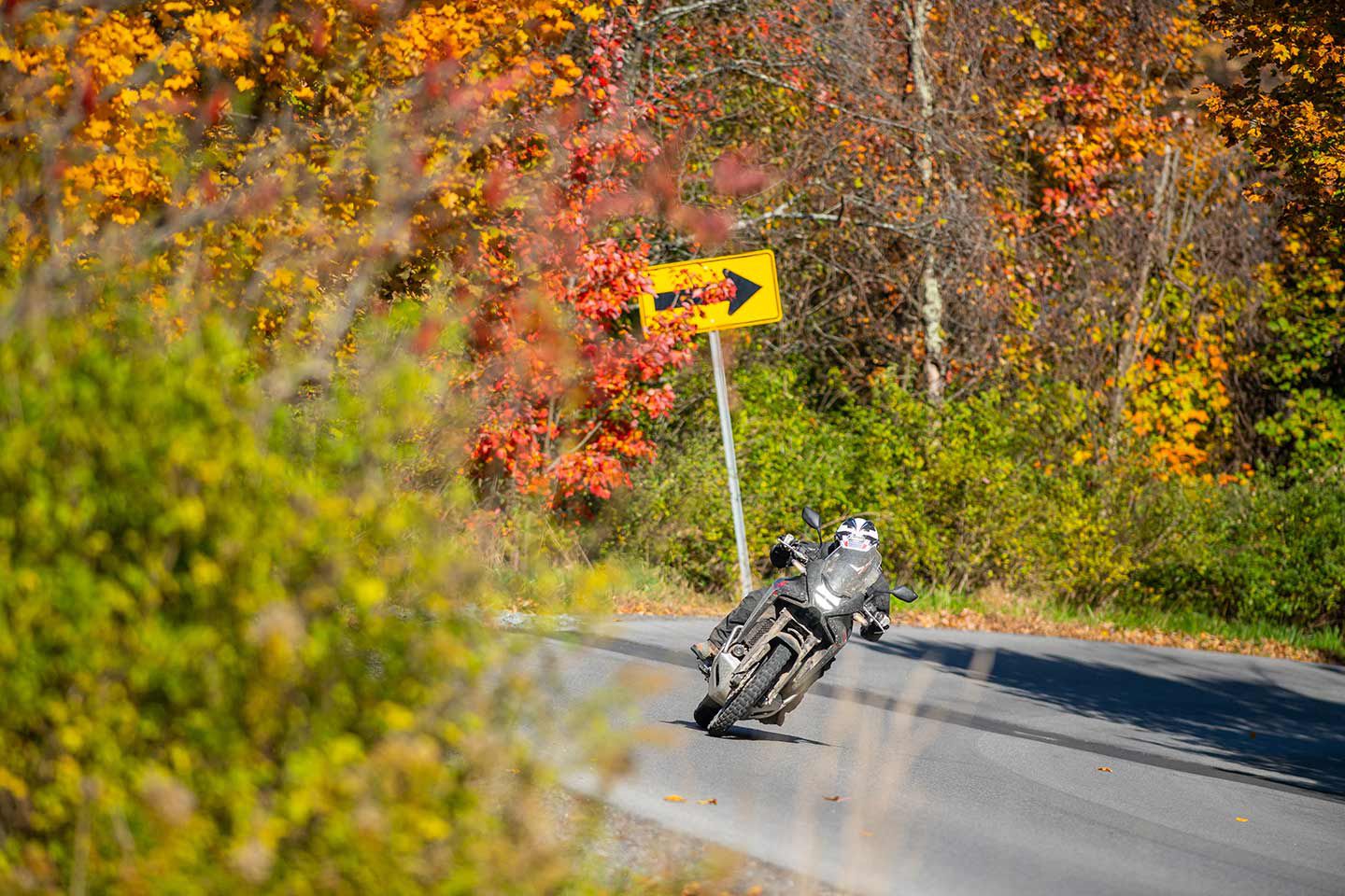Even on knobby ADV tires it is possible to drag footpegs on backroads.