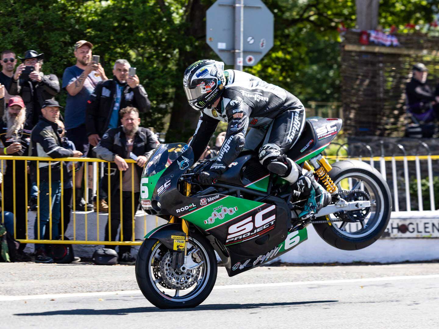 Dunlop notched his 20th TT win in Monday’s Supersport. “I just want to ride my motorcycle and win races,” he said. Here he airs out his Paton 650.