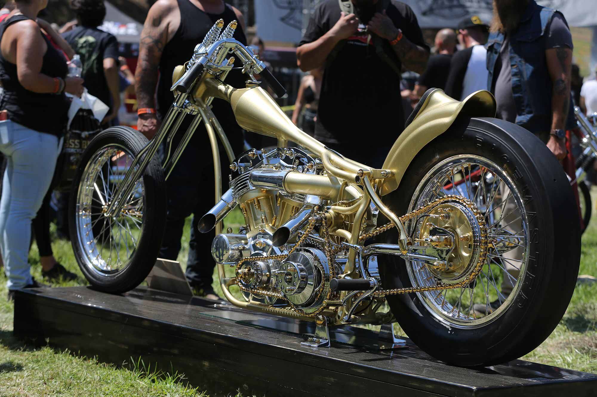 A piece of rolling art, Lawshe’s chain-driven turbo-powered Shovelhead, which tied for Best in Show.