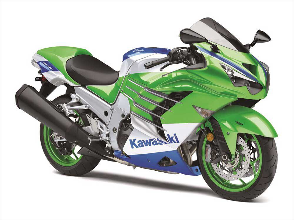 Kawasaki marks a milestone with this special Lime Green/Pearl Crystal White/Blue livery on the 2024 Ninja ZX-14R 40th Anniversary Edition ABS. The supersport will return to dealership floors just for this special 40th anniversary celebration; MSRP is $17,249.