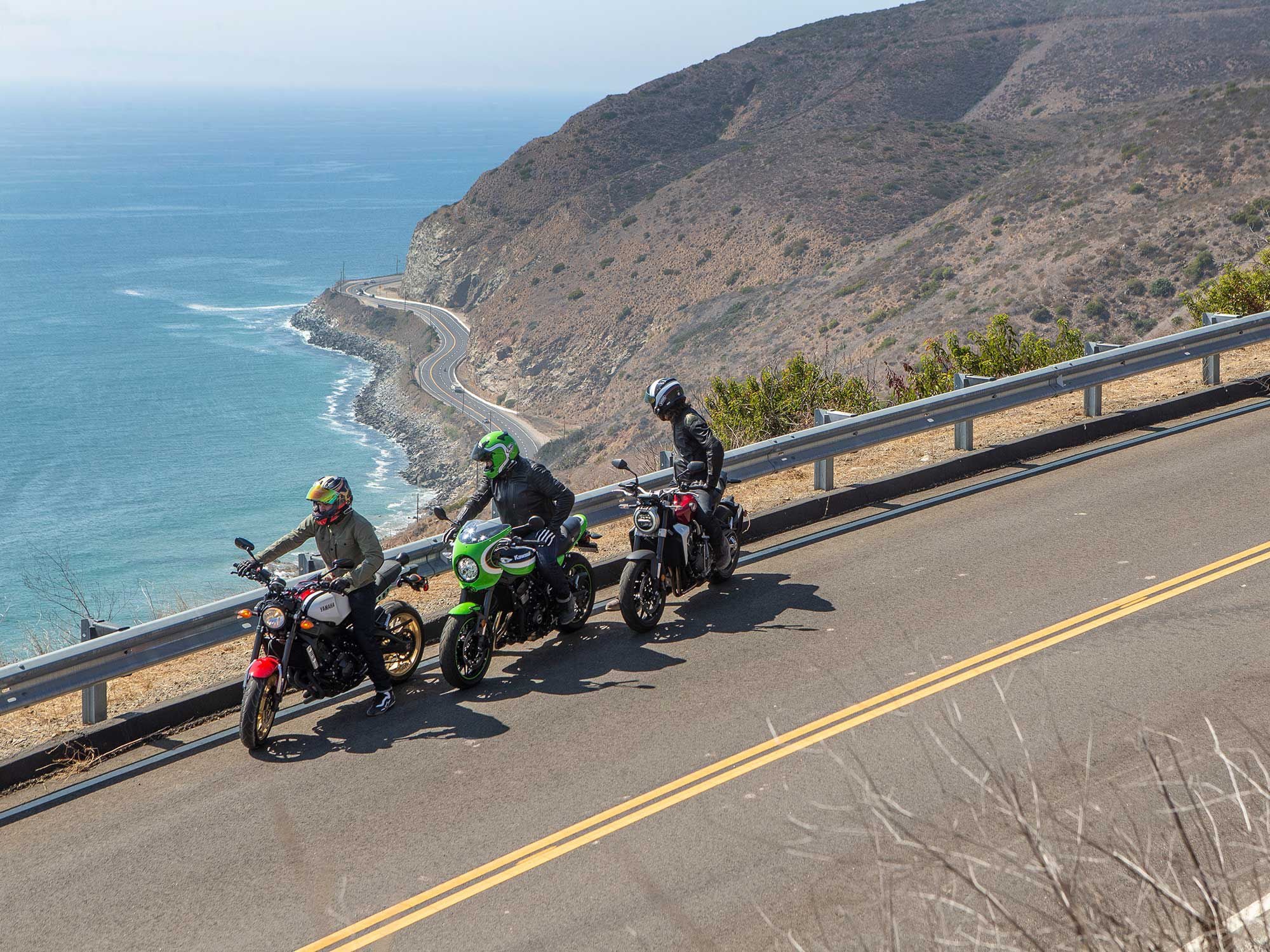 Enjoying the view of Pacific Coast Highway on modern Universal Japanese Motorcycles.