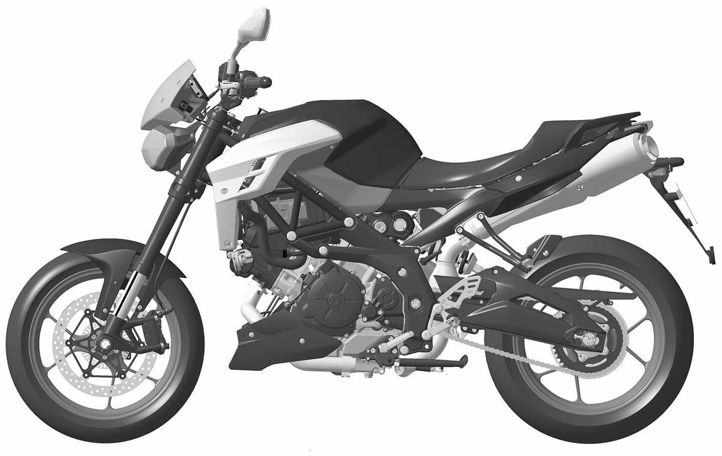 Design registrations from Piaggio and Zongshen show a unit that is identical to the 2021 Aprilia Shiver 900.