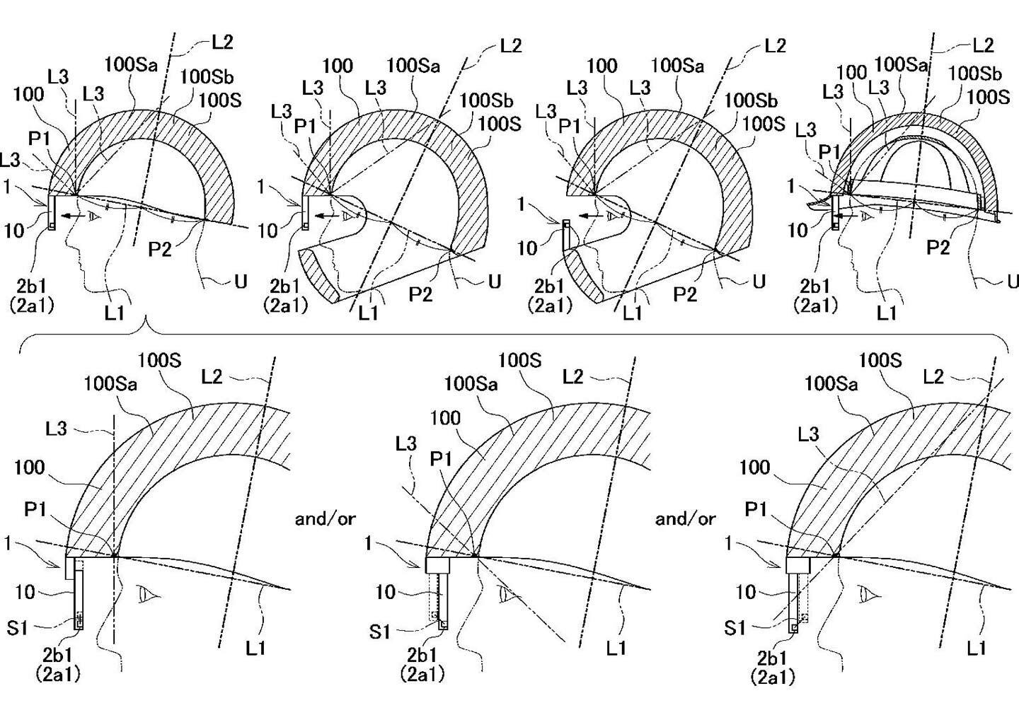 This view shows how different placements are necessary for different types of helmets.