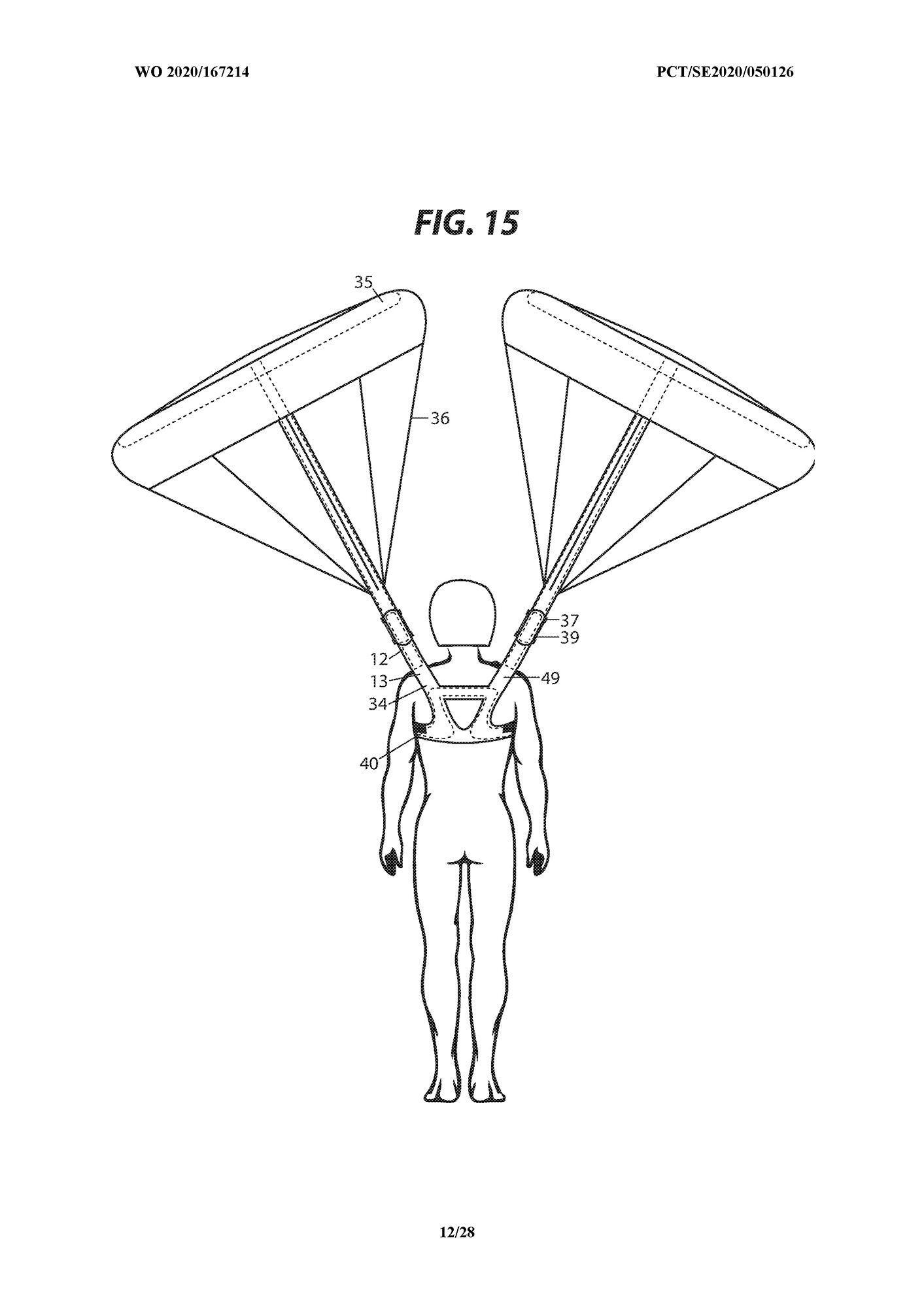 Here is the patent illustration for the inflated parachute floating above the rider’s head.