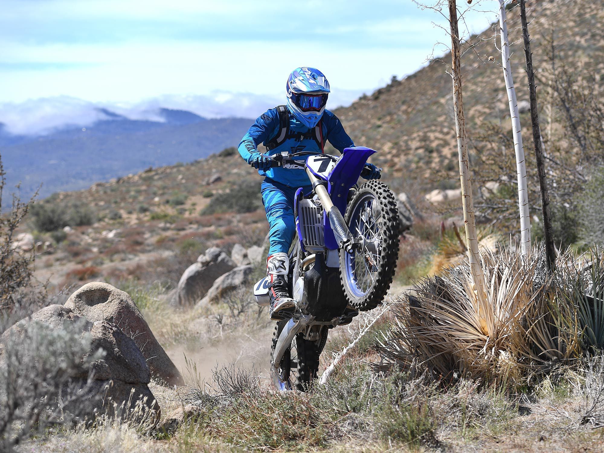 With a suspension setup that resembles one that is intended for motocross yet with softer springs, the YZ450FX’s KYB Speed Sensitive System (SSS) 48mm coil-spring fork and KYB shock ride a bit low in the stroke, which can give a false sensation of them being stiff. If you weigh more than 150 pounds, stiffer spring rates front and rear may be beneficial.