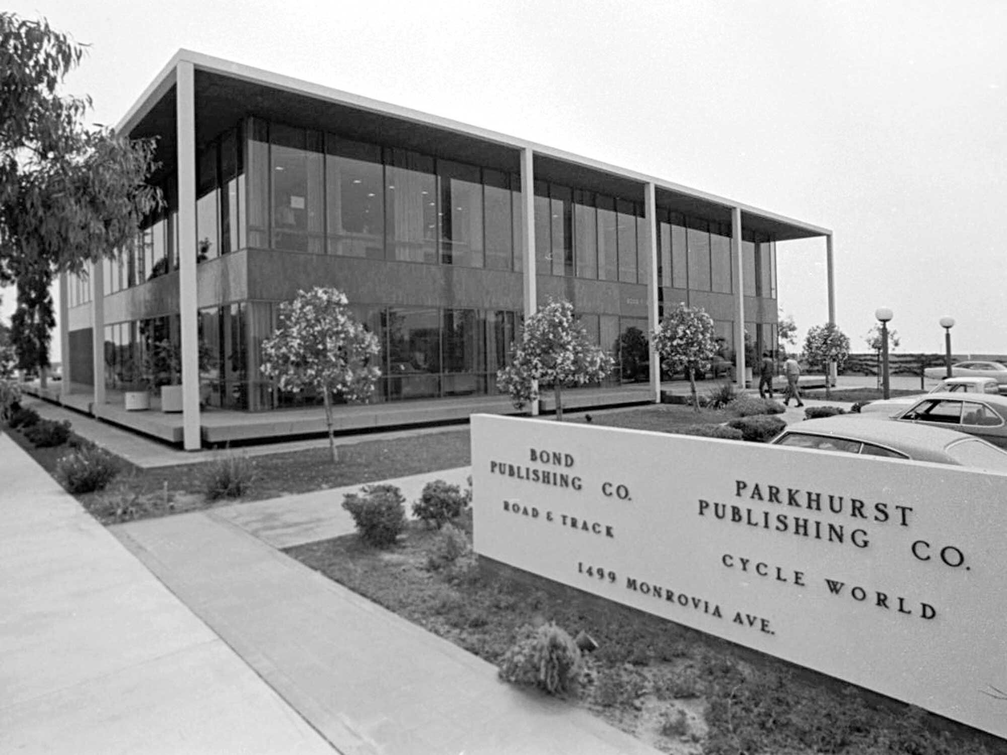Headquarters at 1499 Monrovia Ave., purpose-built to house enthusiast magazines, and even a planned rooftop restaurant with motorsports theme. Fine dining never came, but John Bond’s Road & Track, where Parkhurst had been art director for a time, and Cycle World shared this building on the bluffs overlooking the Pacific for ­decades.